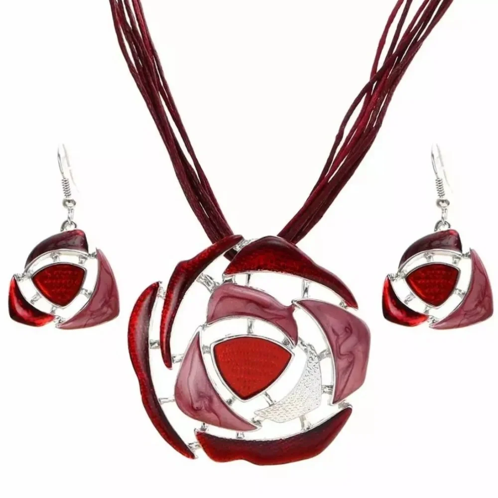Elegant Red Floral Statement Necklace and Earring Set